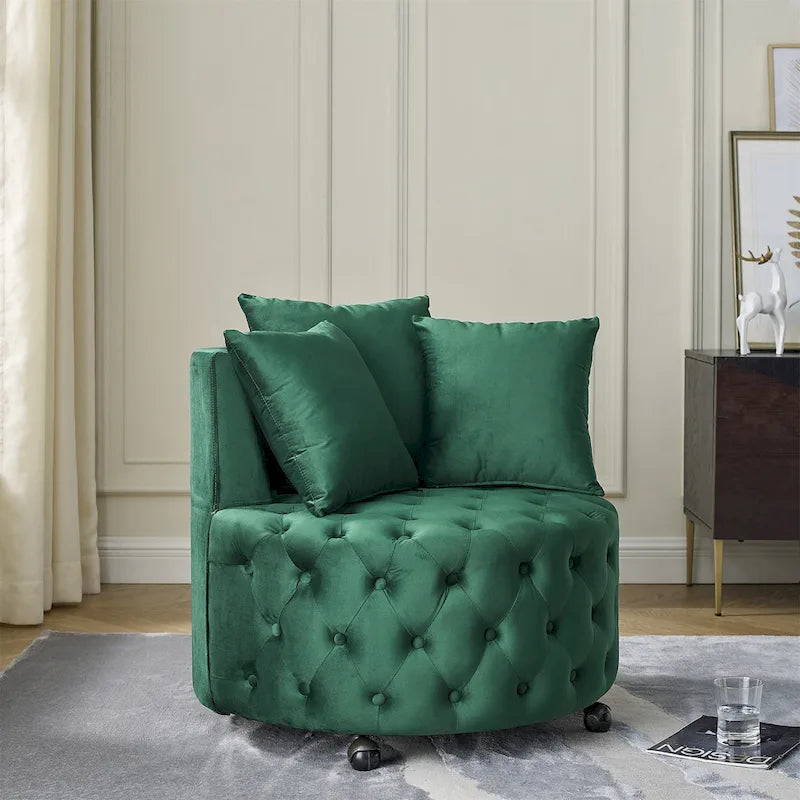 Fauteuil pivotant en velours pour salon avec capitonnage, 3 coussins et roulettes mobiles