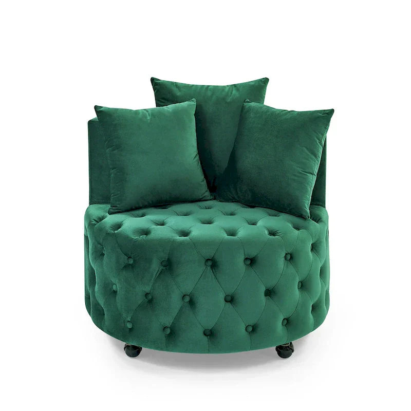 Fauteuil pivotant en velours pour salon avec boutons touffetés, 3 coussins et roulettes mobiles