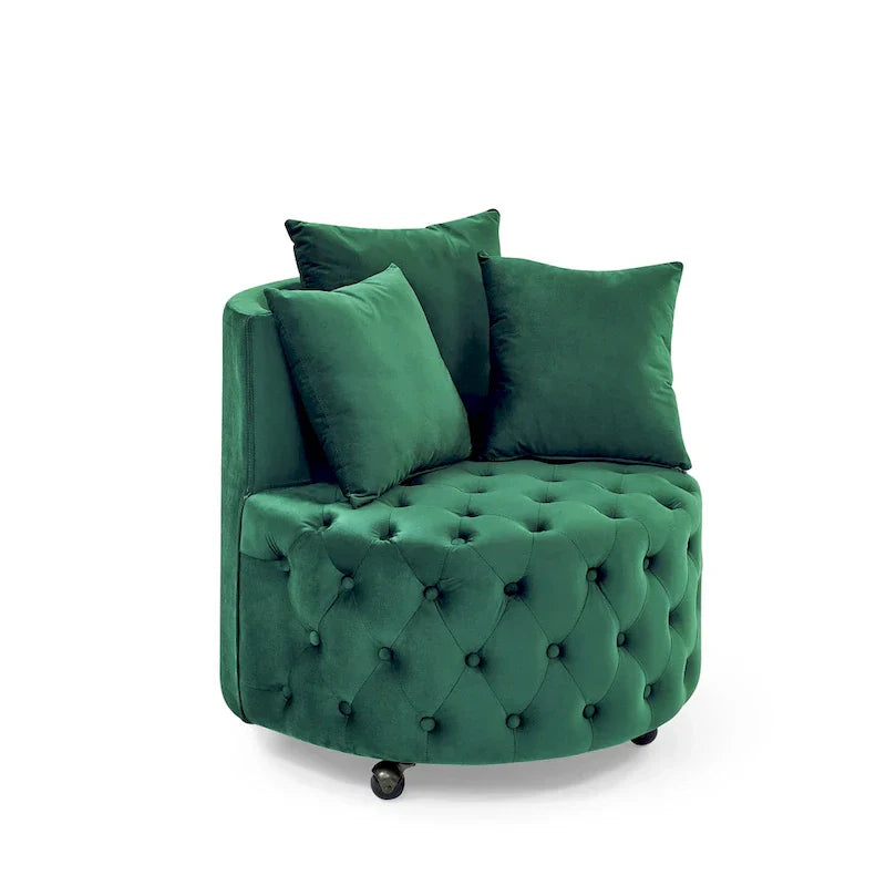 Fauteuil pivotant en velours pour salon avec boutons touffetés, 3 coussins et roulettes mobiles