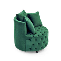 Fauteuil pivotant en velours pour salon avec capitonnage, 3 coussins et roulettes mobiles
