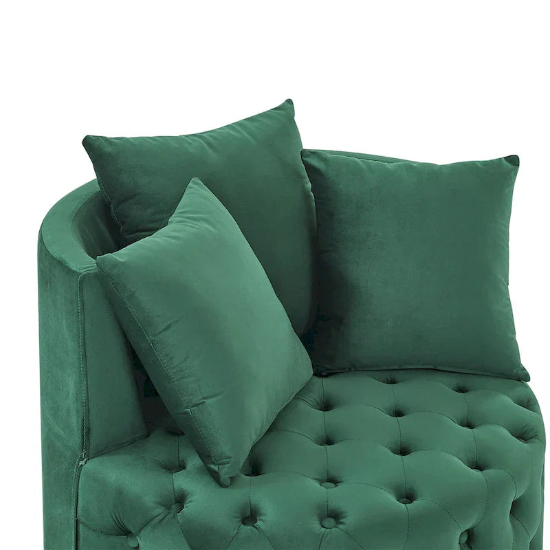 Fauteuil pivotant en velours pour salon avec capitonnage, 3 coussins et roulettes mobiles