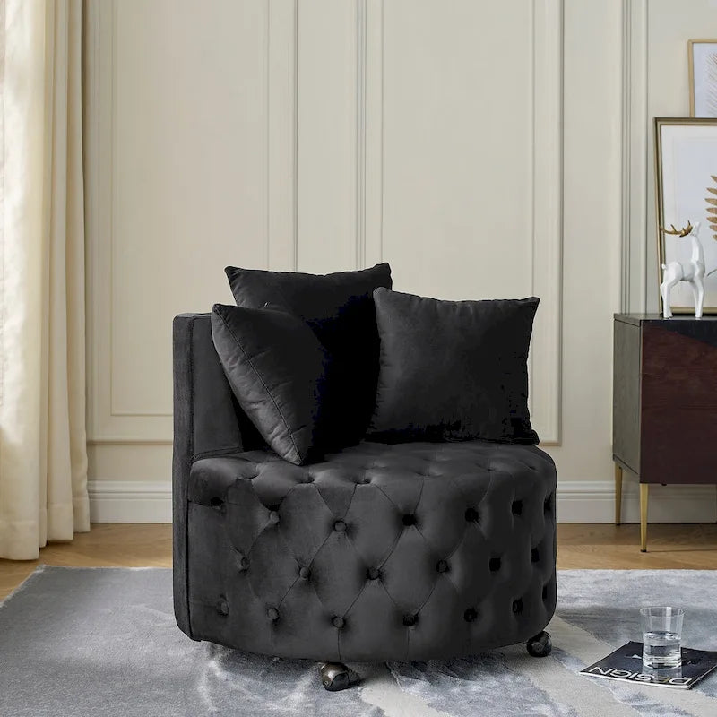 Fauteuil pivotant en velours pour salon avec capitonnage, 3 coussins et roulettes mobiles