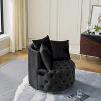 Fauteuil pivotant en velours pour salon avec capitonnage, 3 coussins et roulettes mobiles