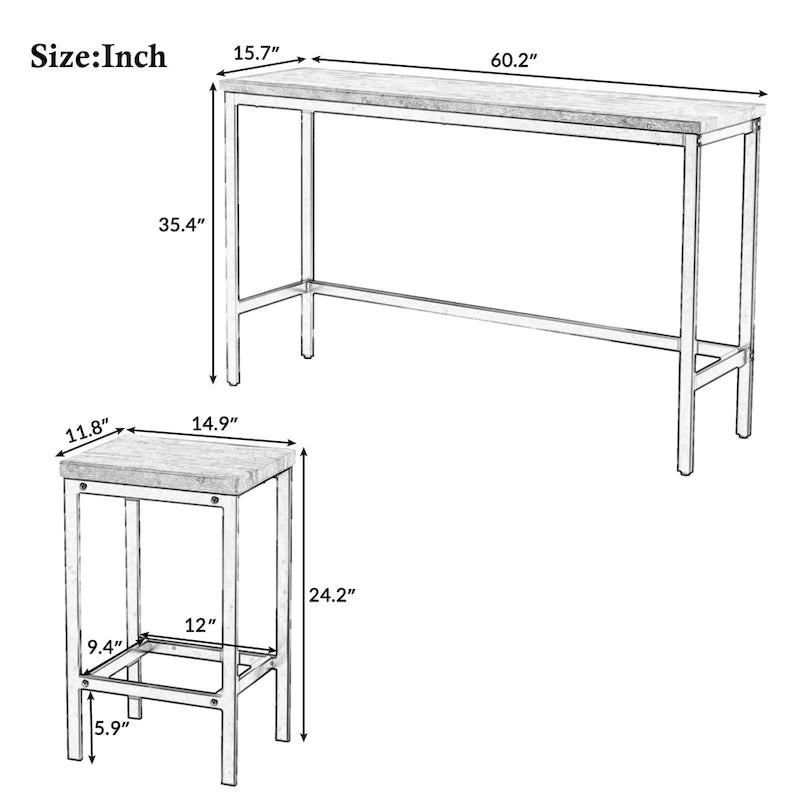 Ensemble de table à manger extra-longue avec 3 tabourets pub