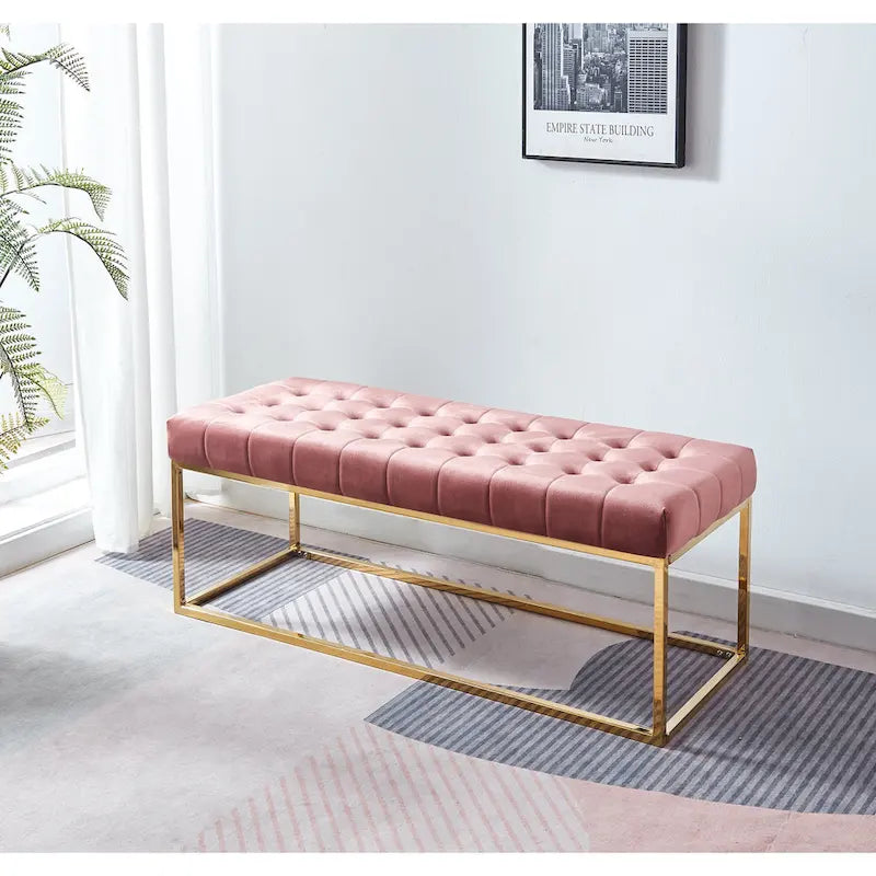 Banc en Velours Tufté Porthos Home Wenn avec Pieds en Chrome Doré