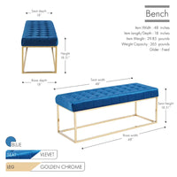 Banc en Velours Tufté Porthos Home Wenn avec Pieds en Chrome Doré