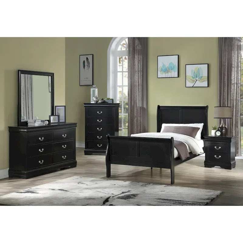 Ensemble de chambre Lillie en bois noir à traîneau, 6 pièces