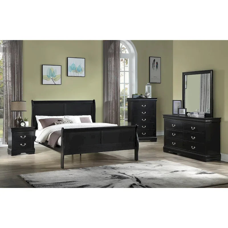 Ensemble de chambre Lillie en bois noir à traîneau, 6 pièces
