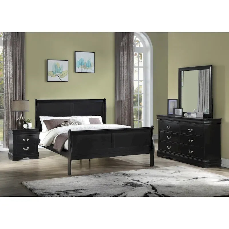Ensemble de chambre Lillie en bois noir à traîneau, 6 pièces
