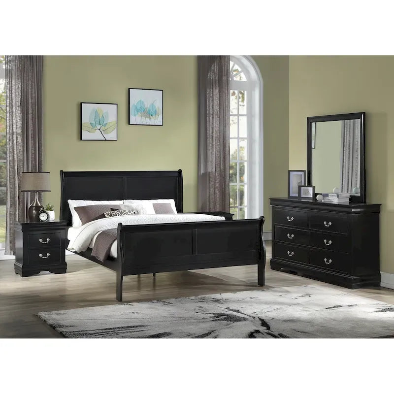 Ensemble de chambre Lillie en bois noir à traîneau, 6 pièces