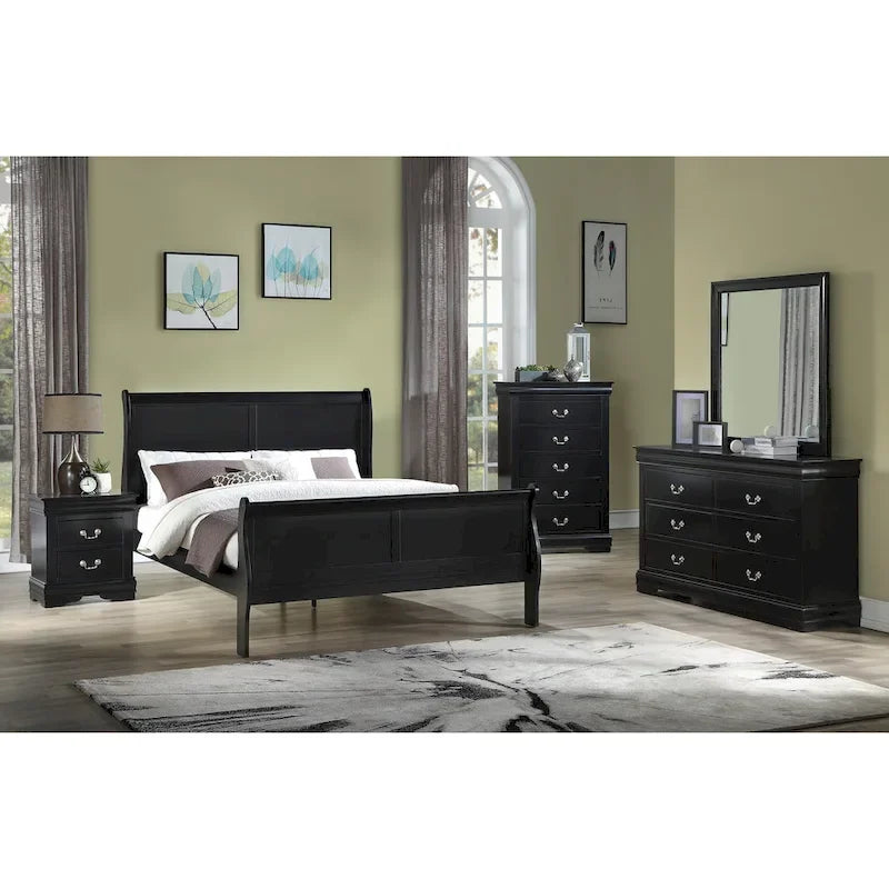 Ensemble de chambre Lillie en bois noir à traîneau, 6 pièces