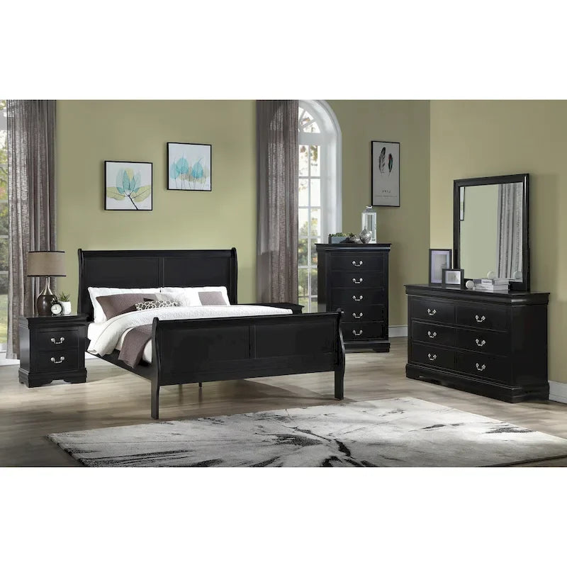 Ensemble de chambre Lillie en bois noir à traîneau, 6 pièces