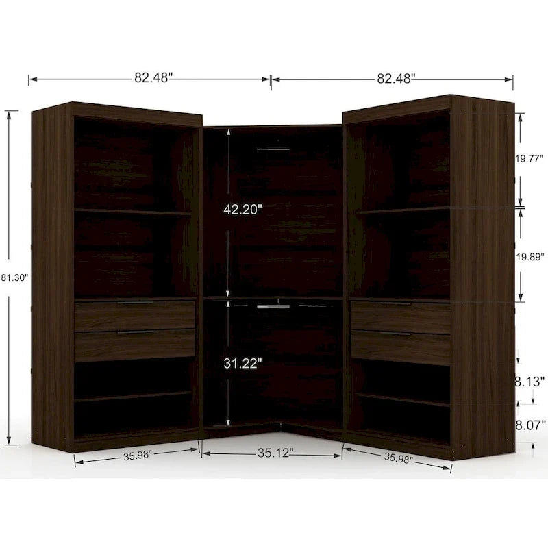 Garde-robe d'angle moderne Mulberry à 3 sections ouvertes et 4 tiroirs, ensemble de placard d'angle de 3