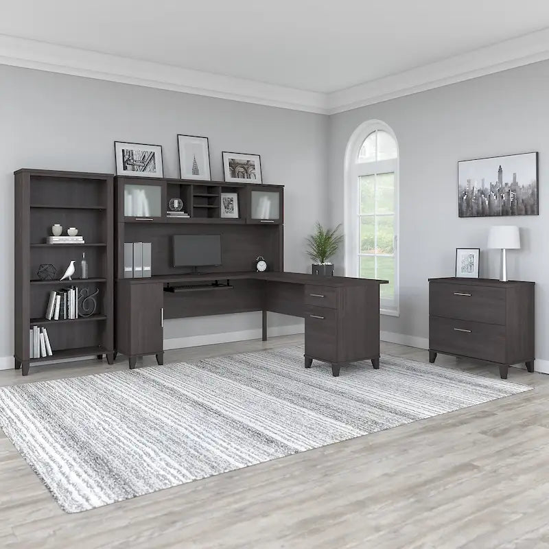 Somerset - Bureau en L de 72 po de large avec hutch, meuble et bibliothèque, gris