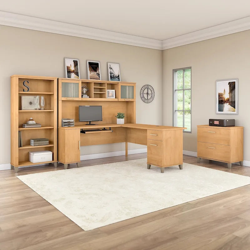 Somerset - Bureau en L de 72 po de large avec hutch, meuble et bibliothèque, gris
