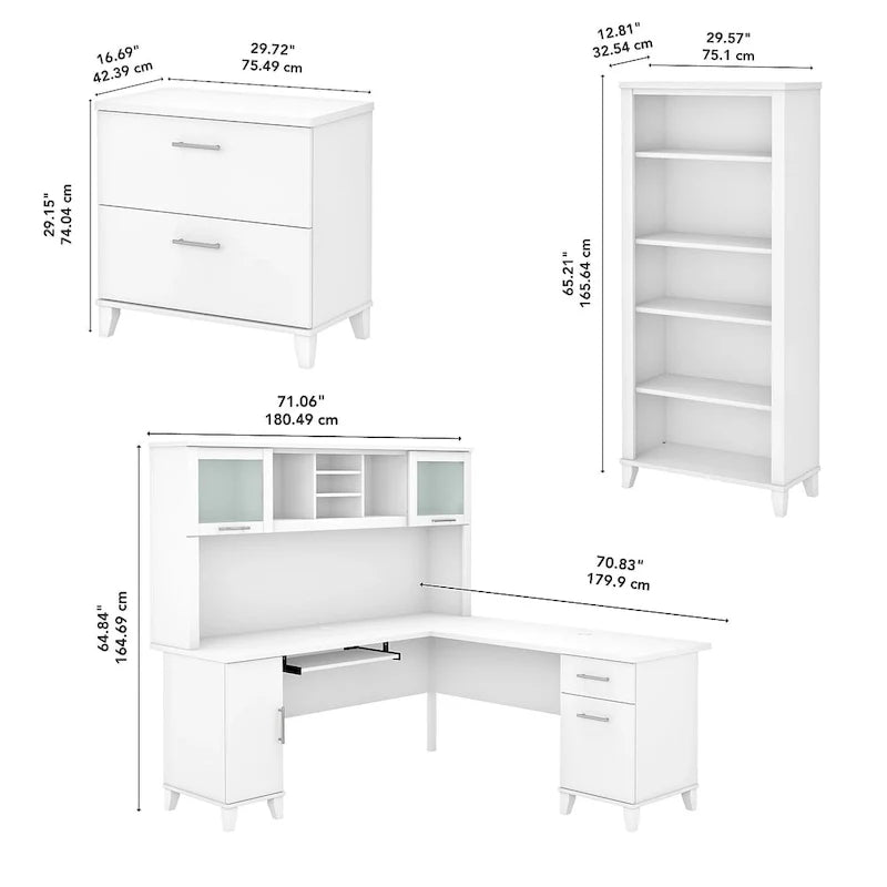 Somerset - Bureau en L de 72 po de large avec hutch, meuble et bibliothèque, gris