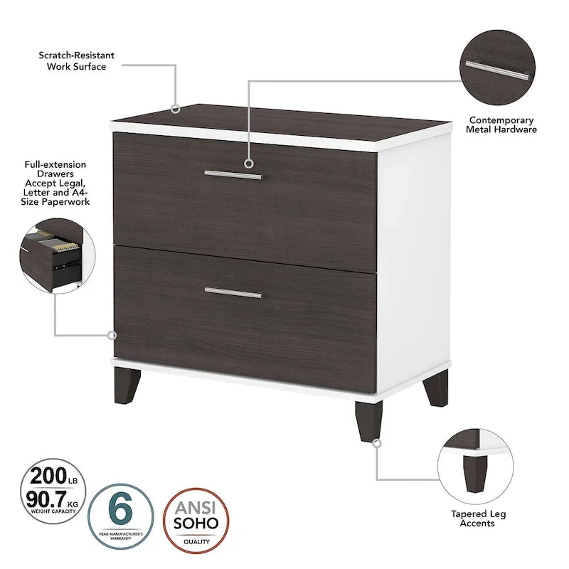 Somerset - Bureau en L de 72 po de large avec hutch, meuble et bibliothèque, gris