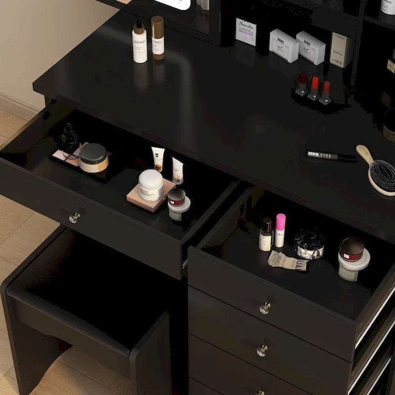 Ensemble coiffeuse de maquillage avec miroir à lumière trois couleurs et tabouret - N/A