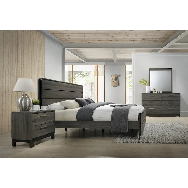 Roundhill Furniture Ioana 187 Ensemble de chambre en bois finition gris antique, lit King Size, commode, miroir, table de chevet