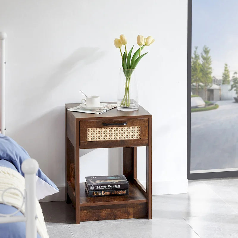 Table d'appoint en rotin 15,75 po avec tiroir, table de chevet moderne, table d'appoint pour salon, chambre, naturel