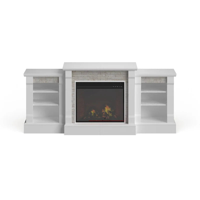 Cheminée électrique à LED avec télécommande, meuble-cheminée en pierre blanche et rangement SEI Furniture