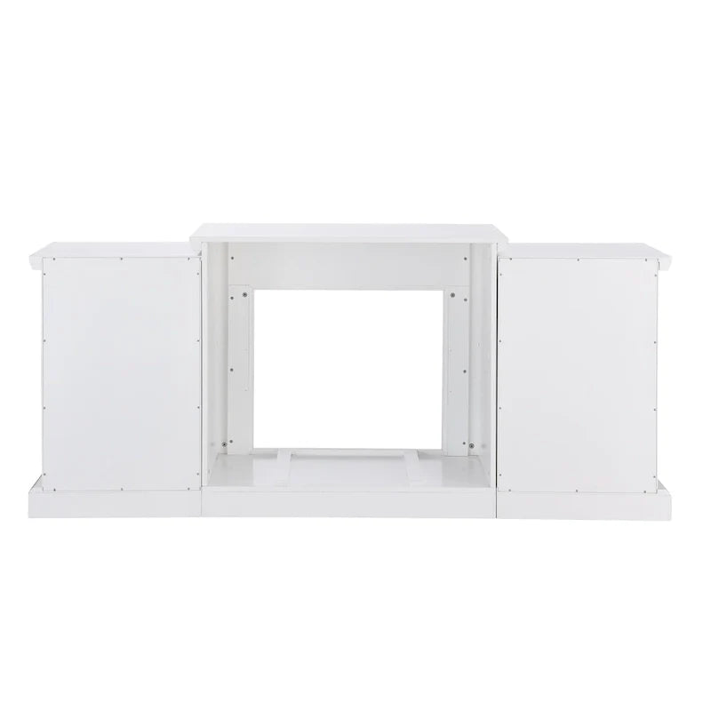 Cheminée électrique à LED avec télécommande, meuble-cheminée en pierre blanche et rangement SEI Furniture