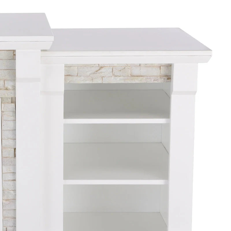 Cheminée électrique à LED avec télécommande, meuble-cheminée en pierre blanche et rangement SEI Furniture
