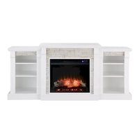 Cheminée électrique à LED télécommandée SEI Furniture avec manteau en pierre blanche et rangement