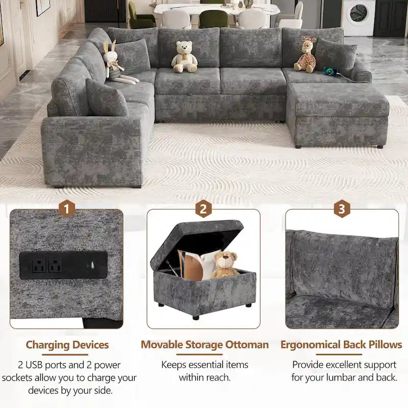 Canapé sectionnel en chenille avec canapé-lit escamotable, canapé-lit en forme de L avec ottoman de rangement, 3 coussins et prises de charge