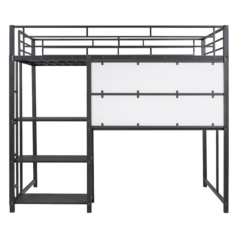 Lit mezzanine pleine grandeur avec bureau et tableau blanc, lit mezzanine en métal avec 3 étagères et échelle, noir