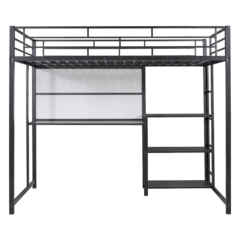 Lit mezzanine taille Full avec bureau et tableau blanc, lit mezzanine en métal avec 3 étagères et échelle, noir
