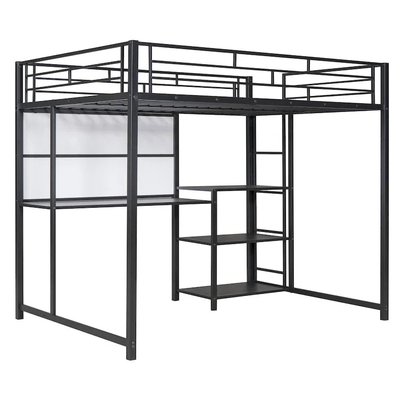 Lit mezzanine taille Full avec bureau et tableau blanc, lit mezzanine en métal avec 3 étagères et échelle, noir