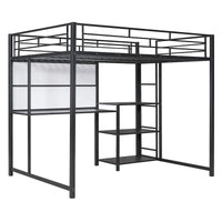 Lit mezzanine taille Full avec bureau et tableau blanc, lit mezzanine en métal avec 3 étagères et échelle, noir