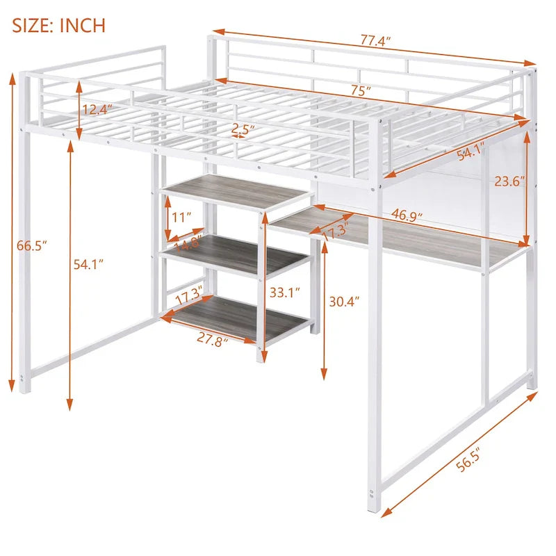 Lit mezzanine taille Full avec bureau et tableau blanc, lit mezzanine en métal avec 3 étagères et échelle, noir