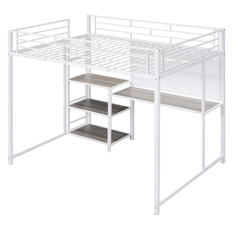 Lit mezzanine taille Full avec bureau et tableau blanc, lit mezzanine en métal avec 3 étagères et échelle, noir