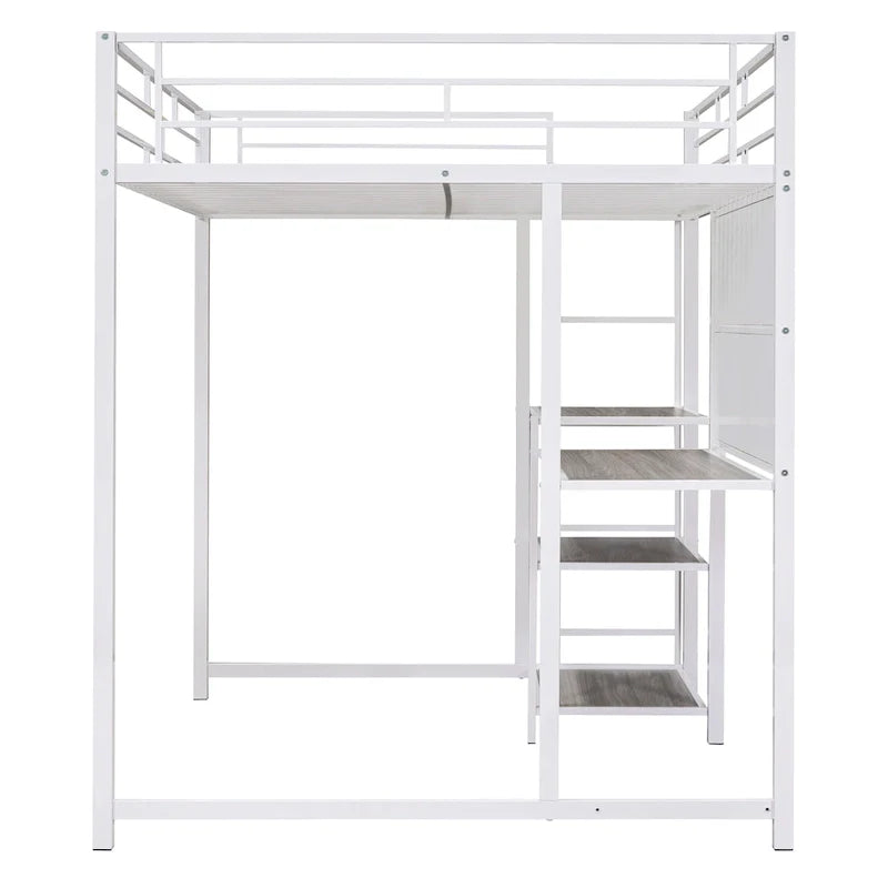 Lit mezzanine taille Full avec bureau et tableau blanc, lit mezzanine en métal avec 3 étagères et échelle, noir