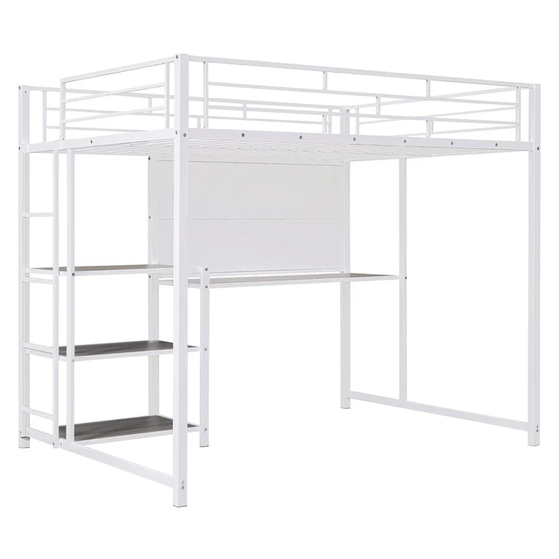 Lit mezzanine taille Full avec bureau et tableau blanc, lit mezzanine en métal avec 3 étagères et échelle, noir