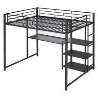 Lit mezzanine taille Full avec bureau et tableau blanc, lit mezzanine en métal avec 3 étagères et échelle, noir