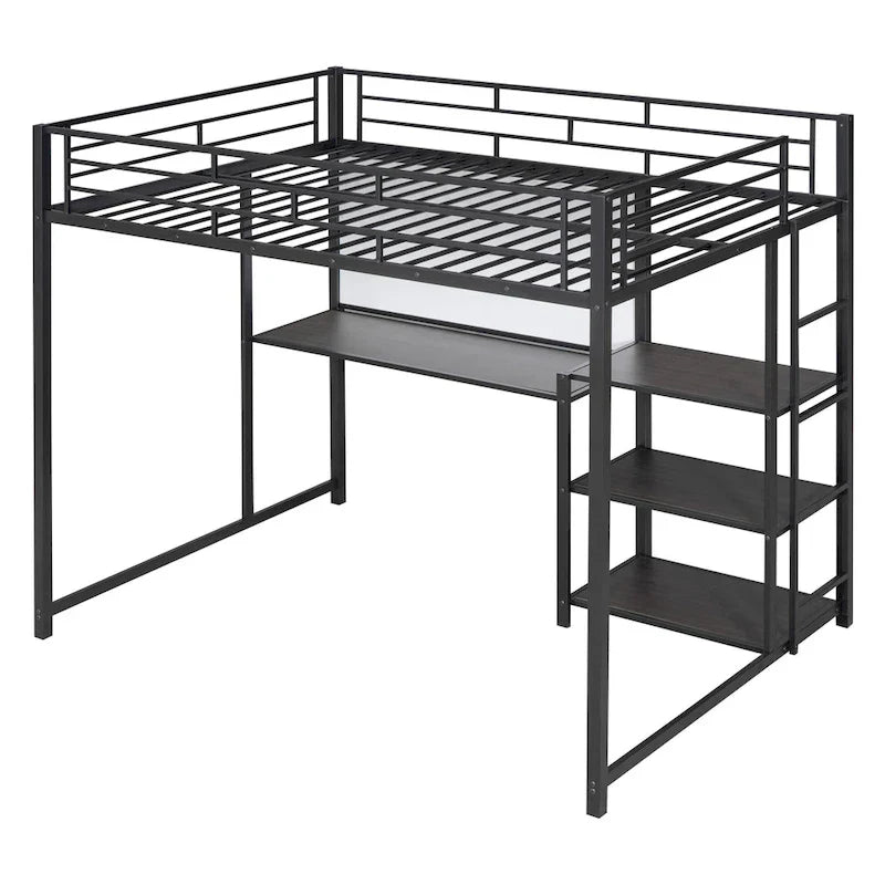 Lit mezzanine taille Full avec bureau et tableau blanc, lit mezzanine en métal avec 3 étagères et échelle, noir