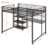 Lit mezzanine taille Full avec bureau et tableau blanc, lit mezzanine en métal avec 3 étagères et échelle, noir