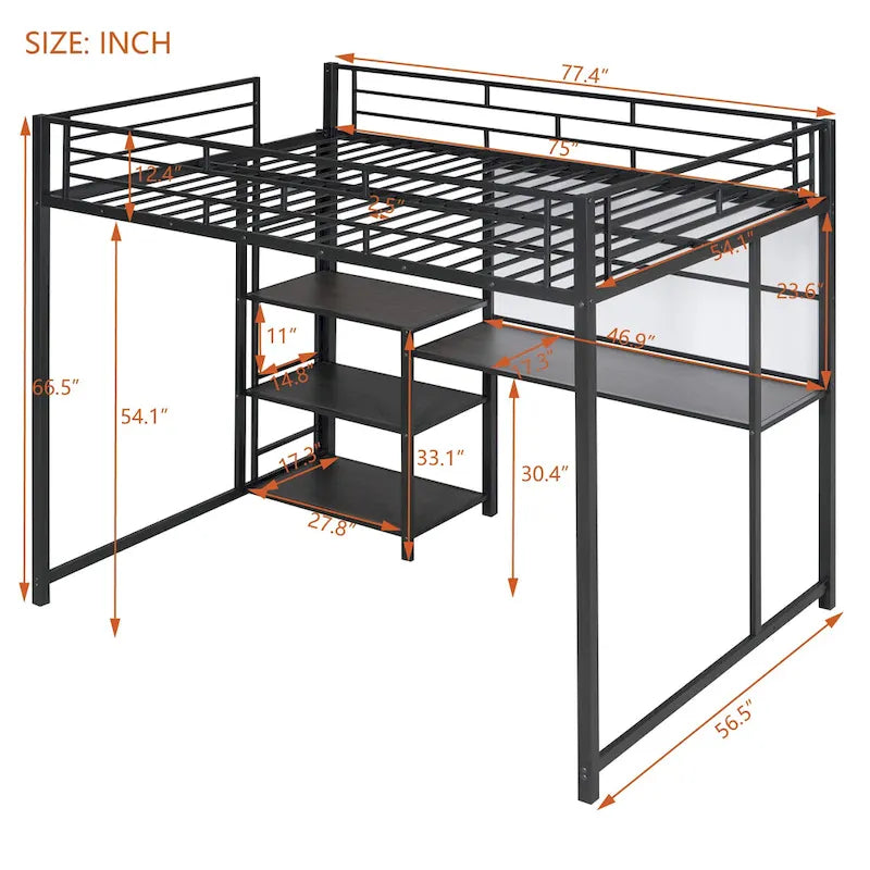 Lit mezzanine taille Full avec bureau et tableau blanc, lit mezzanine en métal avec 3 étagères et échelle, noir