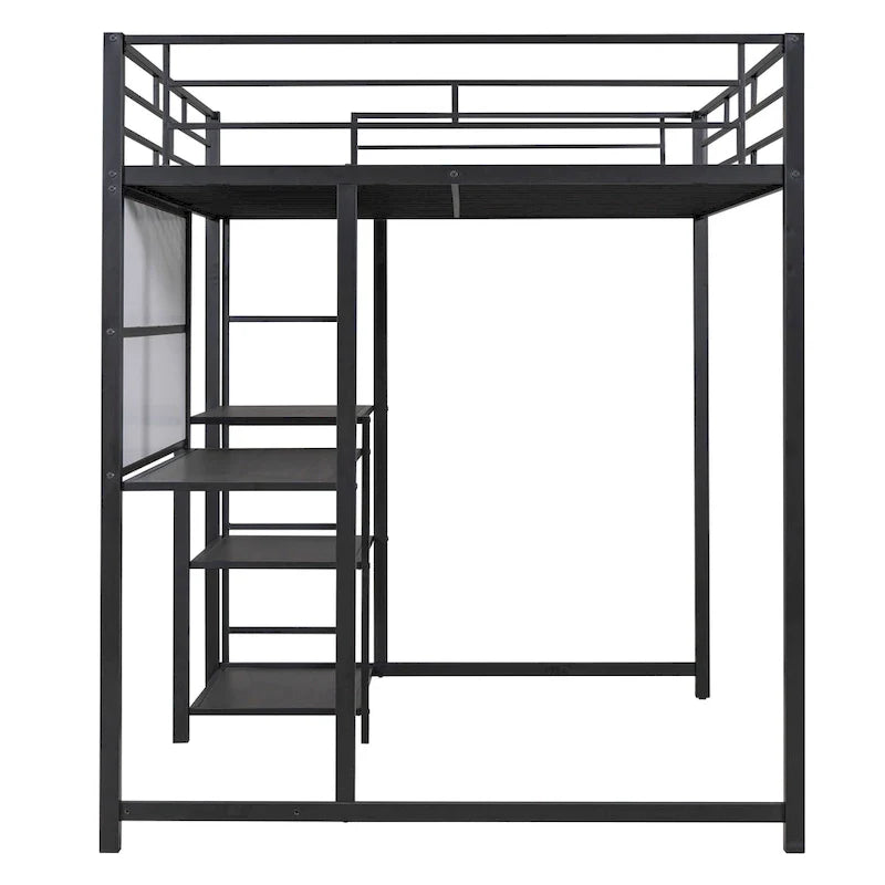 Lit mezzanine taille Full avec bureau et tableau blanc, lit mezzanine en métal avec 3 étagères et échelle, noir
