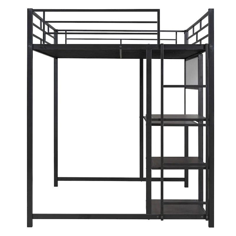 Lit mezzanine taille Full avec bureau et tableau blanc, lit mezzanine en métal avec 3 étagères et échelle, noir