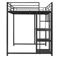 Lit mezzanine taille Full avec bureau et tableau blanc, lit mezzanine en métal avec 3 étagères et échelle, noir