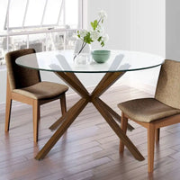Table à manger ronde 39 pouces en verre avec pied en noyer - 39x30x27