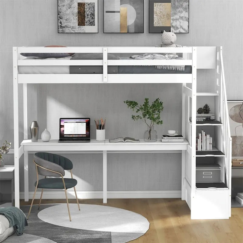 Lit mezzanine Merax taille jumeau avec escalier et bureau intégré