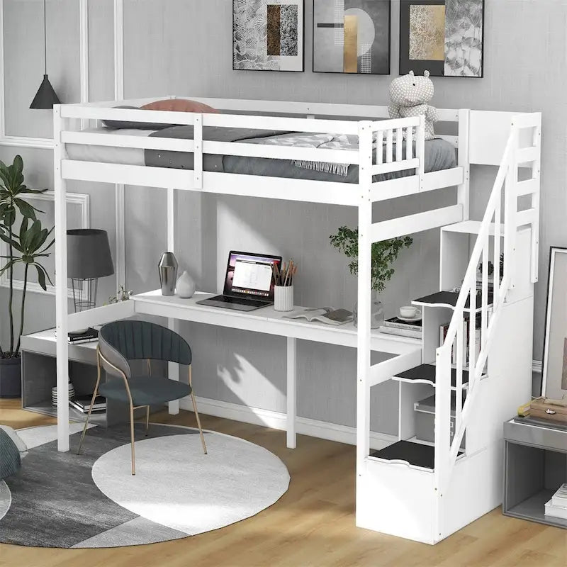Lit mezzanine Merax taille jumeau avec escalier et bureau intégré