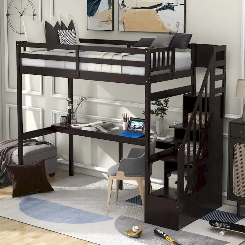 Lit mezzanine Merax taille jumeau avec escalier et bureau intégré