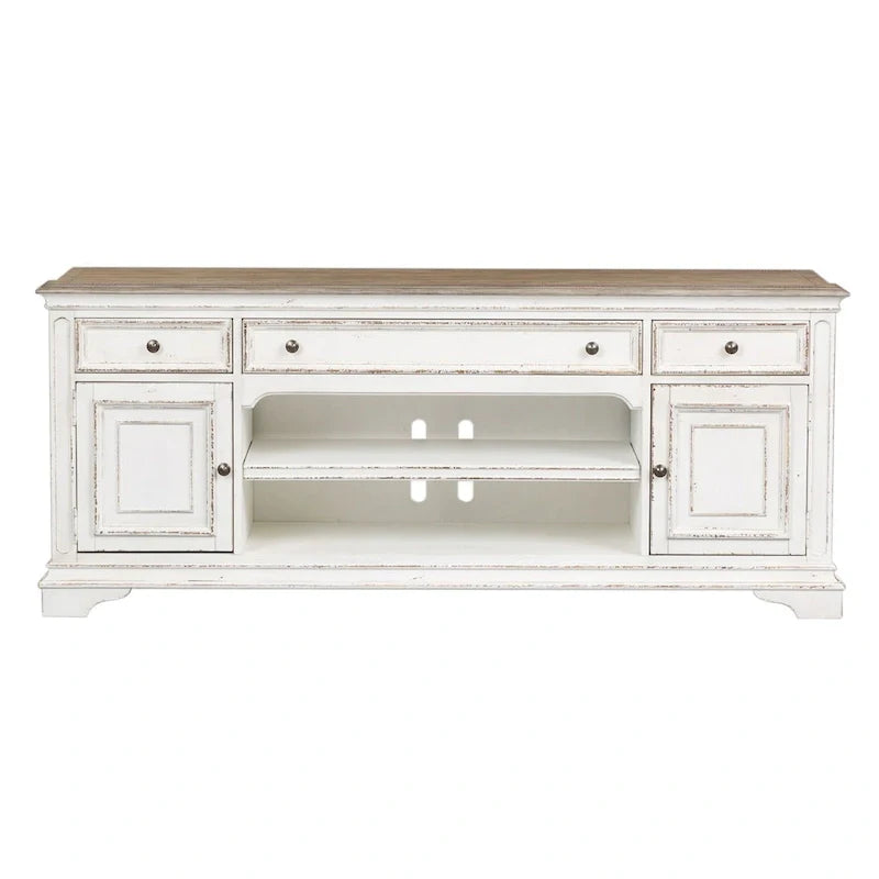 Meuble TV de divertissement Magnolia Manor blanc antique et écorce vieillie - 73 po de large