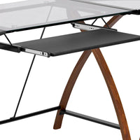 Bureau informatique d'angle en verre en forme de L avec tablette à clavier coulissante
